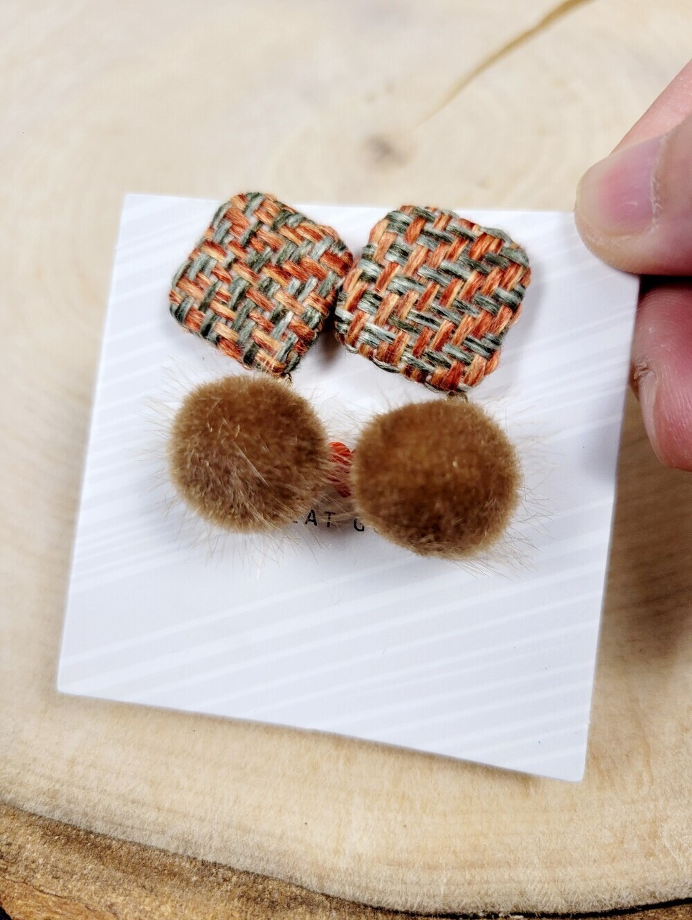 Brand New Brown Fluffy Ball & Square Earrings